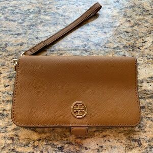 Tory Burch Brown Saffiano Leather Wristlet Clutch with Gold Logo